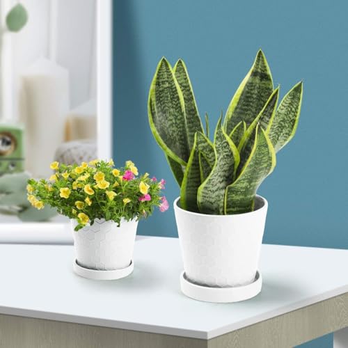 Ceramic Plant Pots,4+5+6 Inch Pots for Indoor Plants,Planters with Drainage Holes and Ceramic Tray, Indoor Flower Pots Gardening Home Desktop Office Windowsill Decoration Gift,Set of 3 (White) - color: White