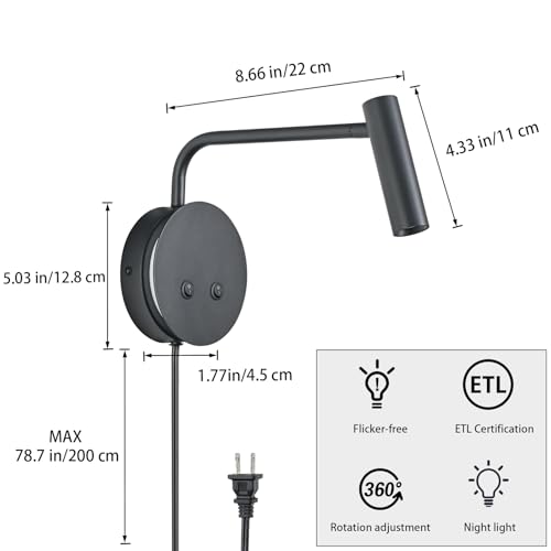 Matte Black Wall Mounted Reading Light, 3000K Flexible Headboard Reading Sconces with On Off Switch Control, Plug in/Hardwired Wall Light Fixtures with Night Light for Bedside Bedroom Bunk - color: Black-1Pack