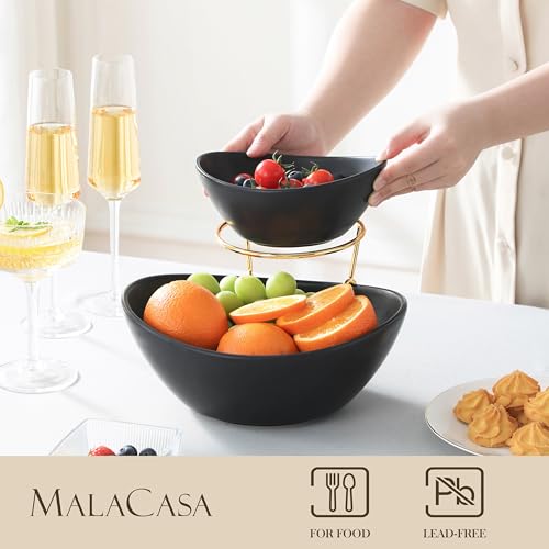 MALACASA 2 Tier Chip and Dip Serving Set with Metal Stand,Ceramic Appetizer Bowls for Party, Multi-Use Food Display for Fruits, Snacks,Black Elegant Tiered Serving Dishes for Party - color: Black