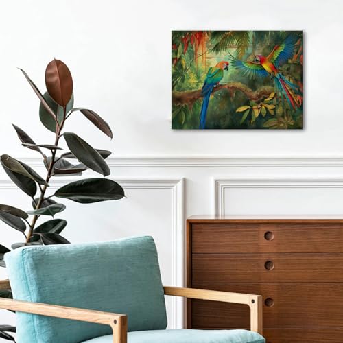 Colorful Bird Wall Art Tropical Wall Decor Green Forest Parrots Canvas Prints Birds Pictures Green Jungle Painting Rustic Watercolor Birds Poster for Kids Bedroom Living Room Home Decoration 12x16" - color: Colorful Parrots, size: 16"L x 12"W