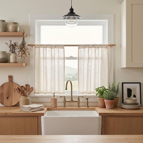 MYSKY HOME Linen Curtains 30 Inch Length for Kitchen Window, Semi Sheer Light Filtering Cafe Curtain Tiers Rod Pocket Short Country Decor Drapes for Basement/Small Window, Linen, 2 Panels, 34 x 30 in - color: Linen, size: 34"W x 30"L (Pack of 2)