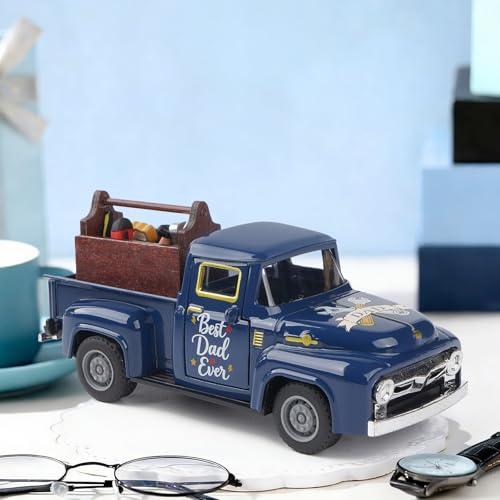 Fathers Day Truck Decor, Best Dad Ever Pickup Truck Tabletop Decoration with Toolbox, Rustic Farmhouse Tiered Tray Decor, Fathers Day Gift for Dad Home Office Desk - color: Father's Day Blue