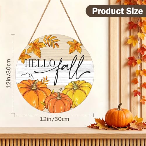 Hello Fall Welcome Sign Door Sign 12"x12" Fall Door Decorations Hanging Sign Farmhouse Pumpkin Round Wooden Sign for Home Front Door Wall Porch Yard Garden - color: Fall Pumpkin