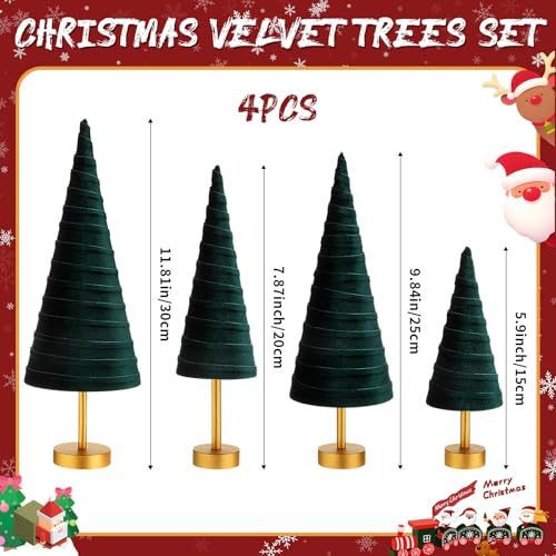 Hoolerry 4 Pcs Christmas Velvet Trees with Gold Pedestal, Green - color: Green