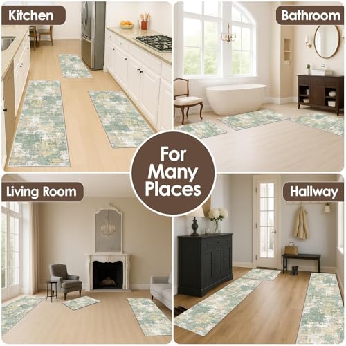 Kitchen Rugs Sets of 3 Non Slip Washable Mats for Floor, Green - color: Green