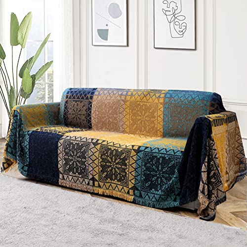 Turquoize Boho Couch Cover Bohemian Cotton Sofa Cover Sofa Throw Cover for Couches Sofa Slipcover Sectional Sofa Couch Covers Feature Hippie Chenille Jacquard Fabric(91"x 134",XX-Large,Yellow Navy) - color: Yellow/Navy, size: XX-Large: 91"x 134"