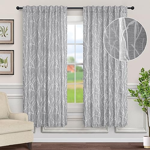 Dark Gray Curtains 63 Inch Length for Bedroom 2 Panels Set Back Tab Loop Pocket Tree Vintage Floral Patterned Lightweight Linen Textured Sheer Gray Curtain for Kitchen Door Bay Window Bathroom Doorway - color: Dark Grey, size: 52"W x 63"L (Pack of 2)