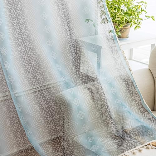 Turquoise Geometric Sheer Curtains 54 inch Long, Fringed Edges and Textured Semi Sheer Curtains Large Window Treatments for Living Room/Bedroom, 2 Panels - color: Turquoise Geometry, size: 52"W x 54"L (Pack of 2)