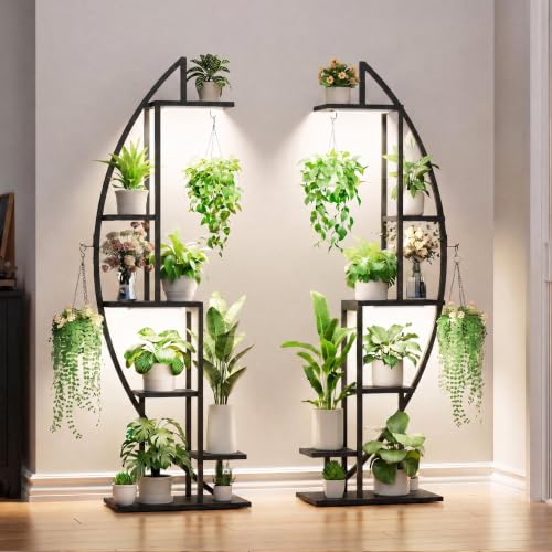 BACEKOLL Plant Stand with Grow Light, 2 Pack Tall Indoor Plant Shelf 6 Tier - color: Black + Black