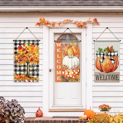 Tegeme 3 Pcs Fall Door Sign Flag Decoration Autumn Pumpkin Hanging Banner - style: Autumn