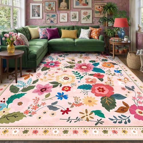 RELEANY Floral Washable 7x9 Area Rugs Pink - color: Pink, size: 7' x 9' (Rectangular)