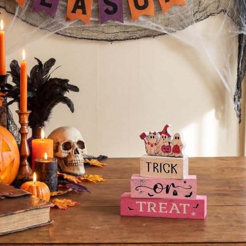 Smile Halloween Wooden Block Decor Ghosts Trick or Treat Pink Tiered Tray - style: Pink Halloween