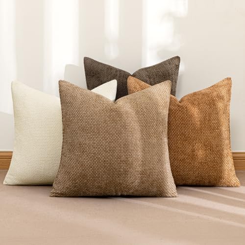 MIULEE Soft Decorative Chenille Fall Pillow Covers Brown 18x18 Pack of 4 - color: Brown, size: 18" x 18" (Pack of 4)