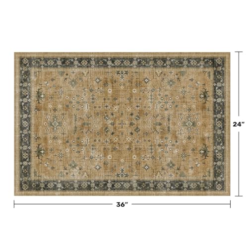 Hazo Haus Washable 2x3 Entry Rug Front Door Indoor, Bohemian Kitchen Floor Rug, Non-Slip & Stain Resistant, Vintage Rustic Brown and Charcoal Olive Farmhouse Floral Décor - color: Rustic Brown / Charcoal Olive, size: 2' x 3' (Rectangular)
