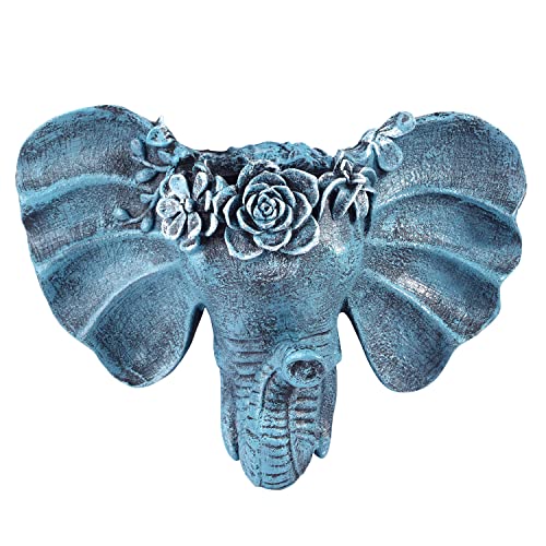 Sungmor Resin Elephant Head Wall Pot, Unique Bohemian Style Animal Face Planter, Vertical Hanging Plant Pot, Pretty Decorative Flower Pot for Indoor Outdoor Plants, for Gardening Lovers - color: Blue