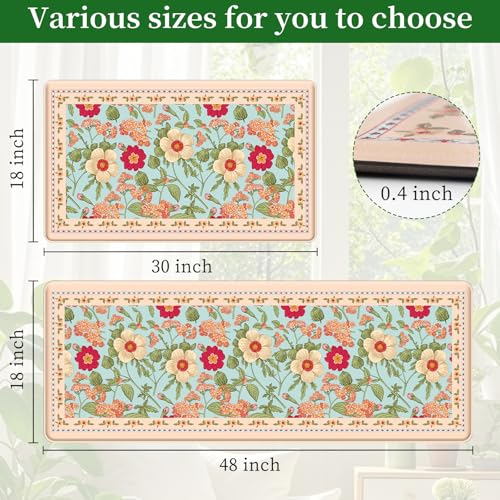 2 PCS Vintage Floral Kitchen Mats, Anti-Fatigue Floor Rugs, Blue - color: Blue, size: 18''x30''+18"x48"