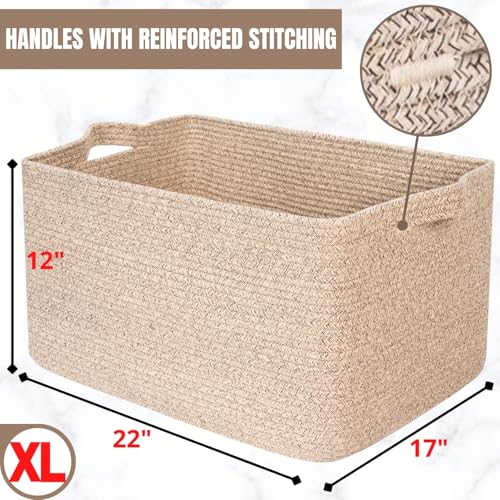 MINTWOOD Design 22in Extra Large Blanket Basket Holder Living Room, Rectangle Rope Woven Storage Basket with Handles for Laundry, Pool Towels, and Shoes, Dog Toy Organizer Bin Box, Oatmeal Brown - color: Oatmeal Brown
