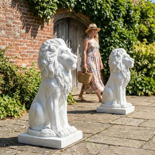 Lion Statue, Outdoor Garden Statues 27in Tall, White - color: White