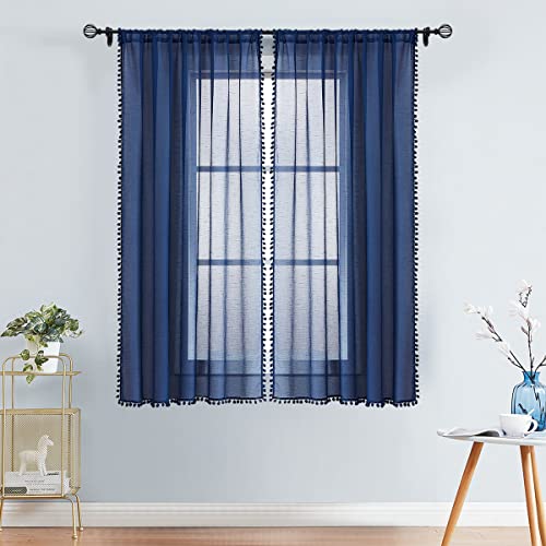 Pom Pom Blue Sheer Curtains for Bedroom 52x63" Kids Room Window Drapes Navy - color: Classic Blue, size: 52"W x 63"L (Pack of 2)