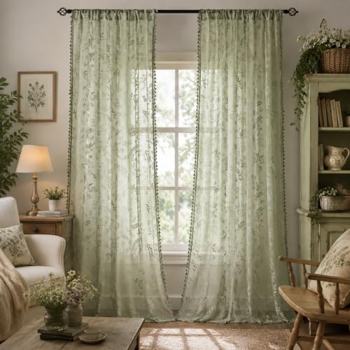Kotile Sage Green Sheer Curtains 72 inches Long, Boho Lace Window Panels - color: Sage Green, size: 52"W x 72"L (Pack of 2)