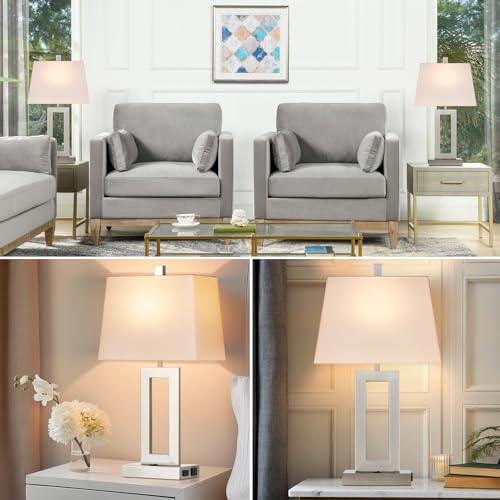 Cinkeda Silver Bedside Table Lamp Set of 2,Nightstand Lamps with USB Ports - color: B.White&Silver