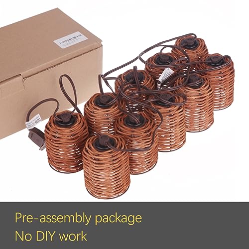 Rustic Lantern String Light, Natural Handwoven Rattan Cage, Plug in & Connectable Lights- Oven Brown Wicker - color: Oven Brown Rattam