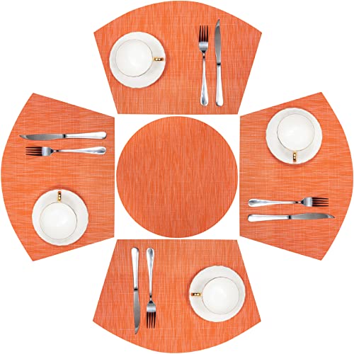 SHACOS Round Table Placemats Set of 5 Woven Vinyl Wedge Placemats with Centerpiece Round Table Mats Heat Resistant Wipe Clean (5, Orange) - color: Orange
