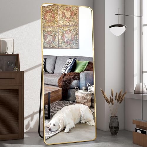 64"x21" Full Length Mirror, Full Body Rounded Corner Rectangle Mirrors with Stand, Standing or Leaning Metal Framed Floor Mirror, Wall Mounted Mirrors Hang Horizontally or Vertically, Gold - color: Gold, size: 64"L x 21"W