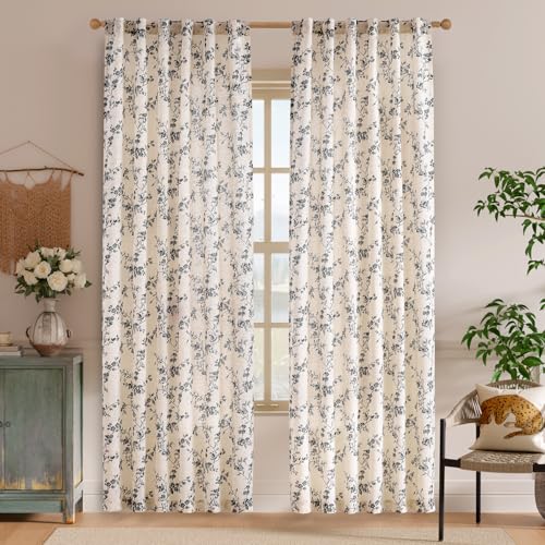 Lazzzy Black Vintage Floral Linen Curtains Farmhouse 50W X 90L 2 Panels - color: Black on Beige, size: 50"W x 90"L (Pack of 2)