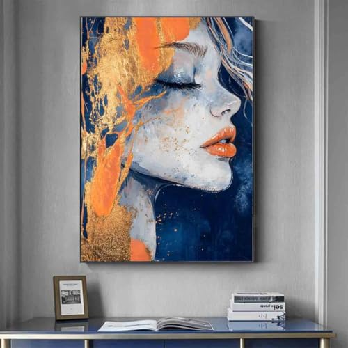 Orange Blue Wall Art Abstract Face Painting Navy Blue Pictures Gold Orange Abstract Wall Art Girl Portrait Canvas Gold Foil Artwork Girl Posters Face Modern Living Room Decor 16x24in No Frame - color: 1, size: 24"L x 16"W
