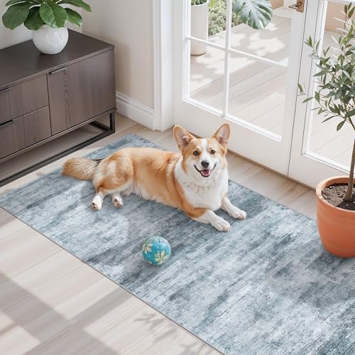 2x5 Non-Slip Washable Runner Rug – Modern Neutral Abstract Small Rug for Hallway, Kitchen, Bathroom, Bedroom, Entryway, Laundry Room – Thin Soft Low-Pile Rubber Backing (Blue Grey) - color: Misty Blue/Gray, size: 2' x 5' (Rectangular)