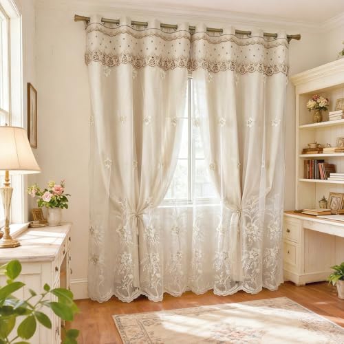 Amidoudou 1 Pair European Double Layer Curtains for Living Room Bedroom Luxury Flower Embroidered Curtains with Valance (Beige,52x84 Inch) - color: Beige, size: 52"W x 84"L (Pack of 2)