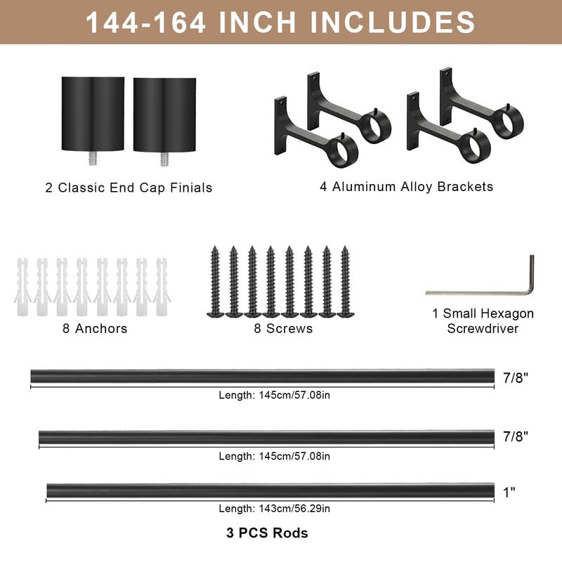 Matte Black Curtain Rods with Cap Finials, Single 144-164" Telescoping Heavy Duty 1-Inch Window Treatment Rods - color: Matte Black, size: 144-164"