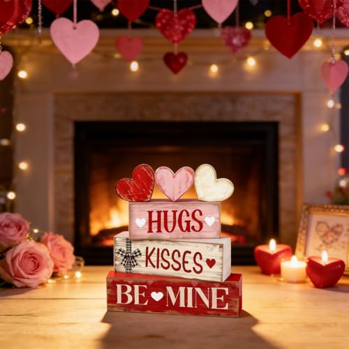 Valentines Day Decorations - Valentine Tiered Tray Decor Set - Wooden Table Decoration with Heart Signs - Rustic Farmhouse Valentine’s Day Home Decor Indoor for Shelf Mantel Coffee Table Gift - style: HUGS / KISSES