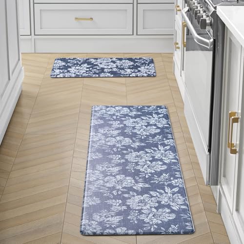 Laura Ashley - Anti-Fatigue Kitchen Mat, Iris Floral Design, Stain, Water & Fade Resistant, Cooking & Standing Relief, Non-Slip Backing, 2 Piece Set: 17.5" x 60" / 17.5" x 28" Navy Iris - color: Navy, size: 60"L x 17.5"W / 28"L x 17.5"W