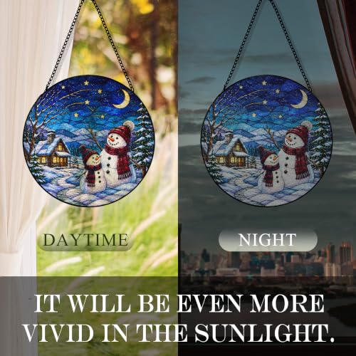 Winter Cabin Snowman Suncatcher Stained Glass Window Hanging,Christmas Snowmen Cottage Sun Catchers Indoor Garden Glass Round Wall Decor, Rustic Winter Scene Wall Art Hanging Decorations 7.8x7.8 - color: Christmas_15