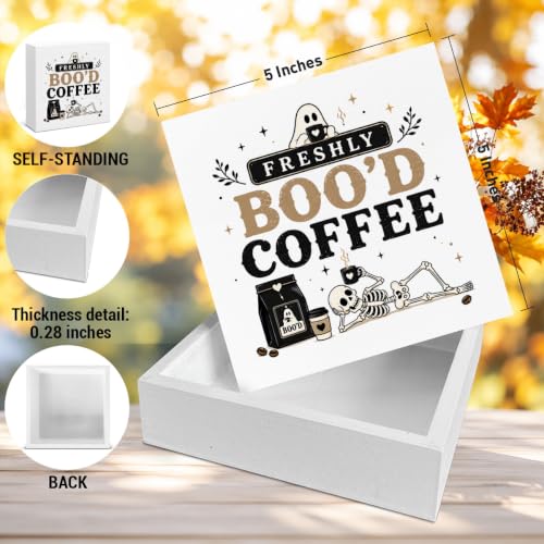 Halloween Ghost Boo Coffee Desk Decor, Smile Halloween Wood Box Sign, Spooky Fall Shelf Decor for Home Coffee Bar Shop Station Table Decoration 5x5 Inches - color: Sign-2