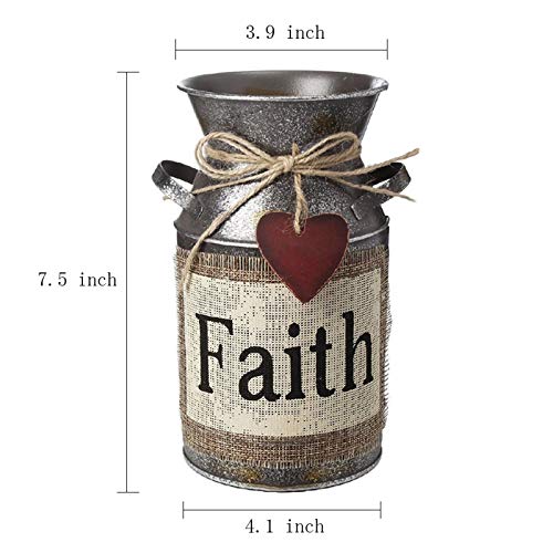 7.5" High Rustic Decorative Vase with Greetings and Rope Design, Metal Milk Can Country Jug for Living Room, Bedroom, Kitchen(Faith)
