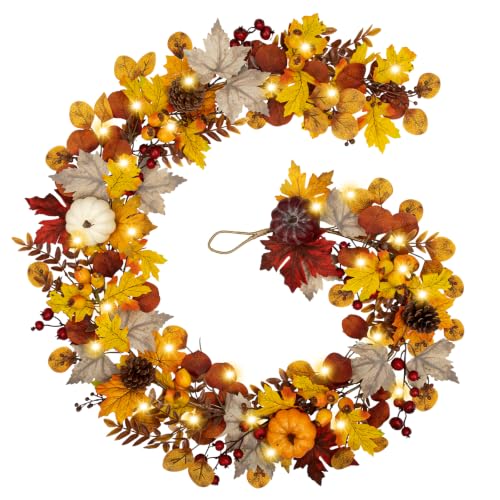 6FT Fall Garland with Lights Pumpkins Pinecones for Mantle, Table, Porch - color: Brown & Gold & Gray