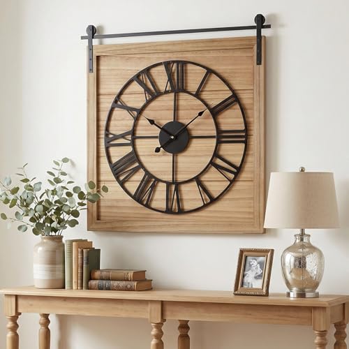 EMAX HOME 24 Inch Large Farmhouse Wall Clock, Unique Square Rustic Solid Wood Frame with Black Metal Hanging Rod, Silent Non-Ticking Quartz Movement, for Living Room, Bedroom, Kitchen - color: Brown 2, size: 24 Inch