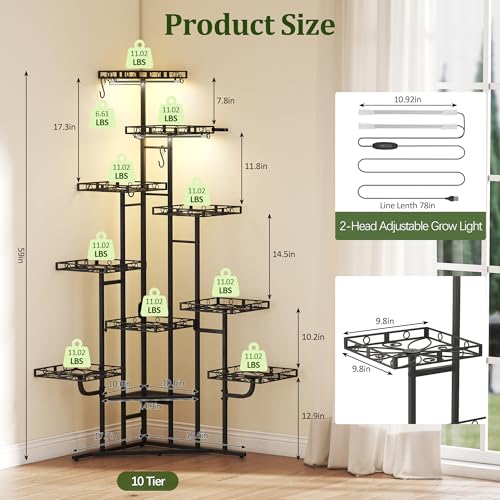 Quikraen Plant Stand Indoor with Grow Lights, 58" Tall Lighted Corner Plant Shelf for Indoor Growing, 10-Tier Multiple Metal Large Flower Holder, Plant Rack for Home Decor, Patio (Black) - color: Black, size: 10-Tier with grow light