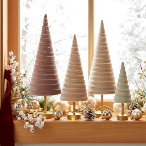Hoolerry 4 Pcs Christmas Velvet Trees with Gold Pedestal, Nude Tone - color: Nude Tone