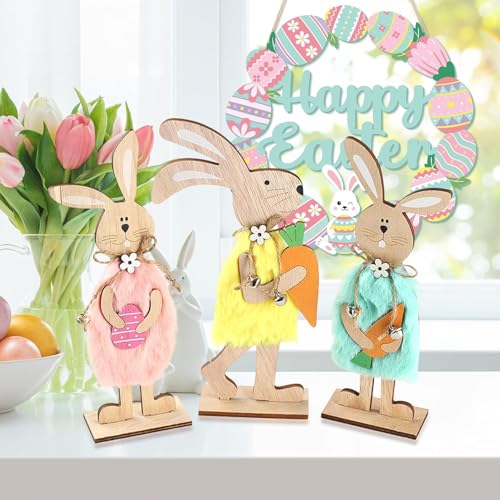 Easter Bunny Decor – 3Pcs Farmhouse Wooden Easter Decorations for Home, Rustic Spring Signs Table Centerpiece, Cute Natural Wood Rabbit Figure for Mantle Shelf Tiered Tray Indoor Decor - color: Fh3014
