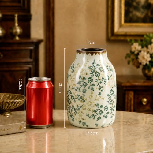 Ceramic Bud Vase, 7.9 Inch Vintage Rustic Farmhouse Milk Bottle Vase with Crackle Glaze, Hand-Painted Green Vine Floral Vase, Small Flower Vase for Living Room, Kitchen, Table Centerpiece, Shelf Decor - color: Dark Green and Beige