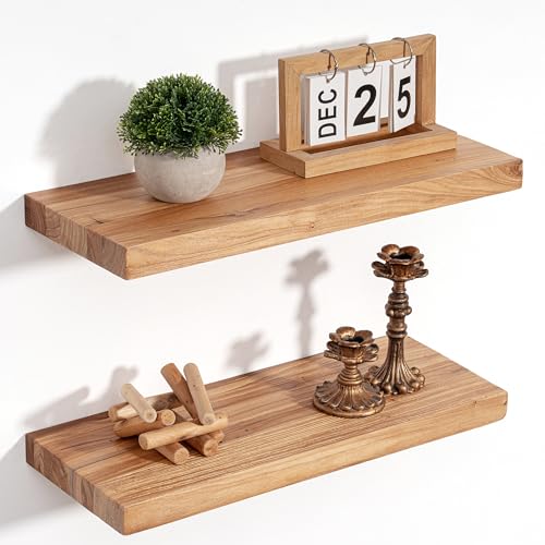 Floating Shelves for Wall, 8" Deep Elm Wood Shelves, 20in Set of 2, Natural - color: Natural, size: Flat Edge, 20inch, 2Packs