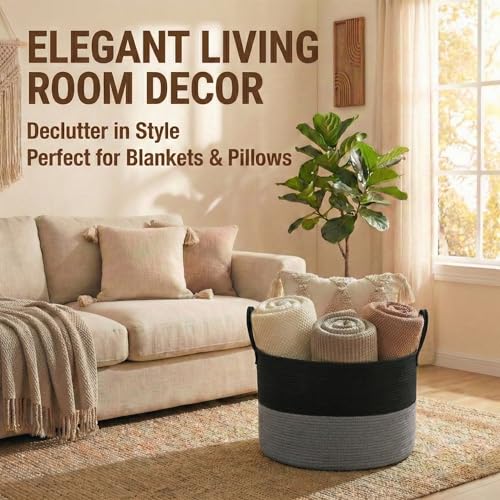 JMvicyroam 65L Extra Large Machine Washable Cotton Rope Blanket Basket - color: Black&Grey, size: 65L