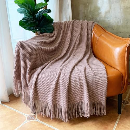 LOMAO Knitted Throw Blanket with Tassels Bubble Textured Lightweight Throws for Couch Cover Home Decor (Brownish Pink, 50x60) - color: Brownish Pink, size: 50x60"