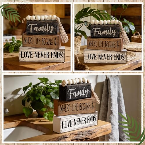 Yuntau 4 Pcs Farmhouse Tabletop Decor Wood Stacked Sign Blocks Family - style: Famliy