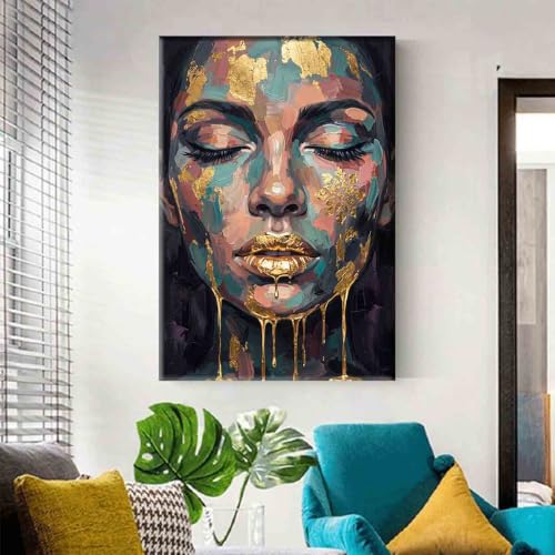Mostemauo Abstract Face Wall Art Female Portrait Canvas Blue Gold 16x24inch Framed - color: 4, size: 16x24inch framed
