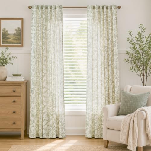 Lazzzy Green Floral Linen Curtains Farmhouse Rod Pocket 50W X 84L 2 Panels - color: Green on Beige, size: 50"W x 84"L (Pack of 2)